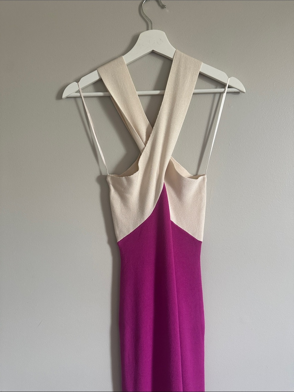 Lush Cream and Fuchsia Crisscross Knit Halter Midi Dress - Picture 13 of 14